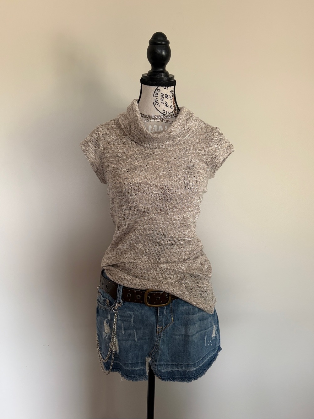 Y2K Candy Couture Knit Top Cowl Neck Beige Short Sleeve Fall Layering